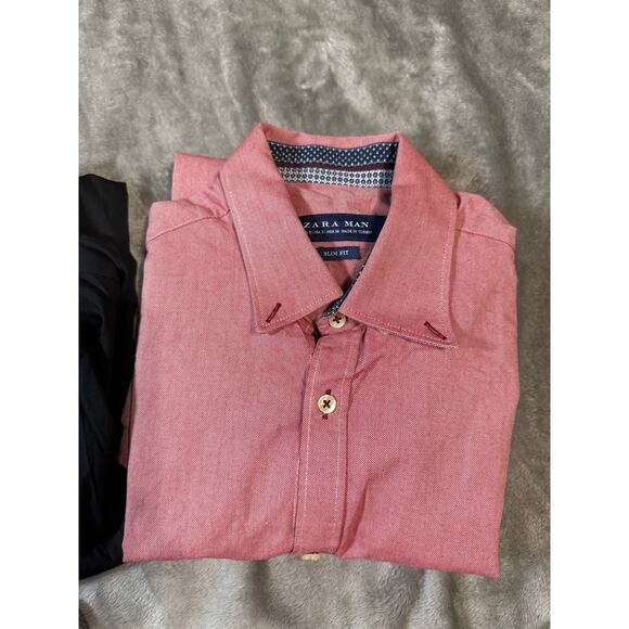 Zara Man SZ Small Red‎ Button Up Long Sleeve Shirt Dress Slim Fit Formal Holiday - Picture 4 of 7